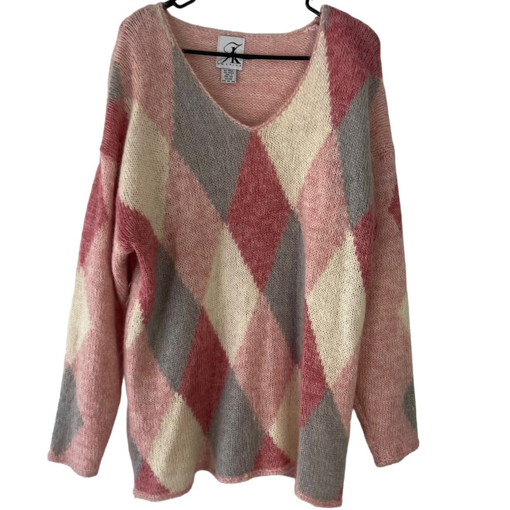 JK America Vintage 90s Women's Plus Size 22/24 Mohair Pink Argyle Sweater Preppy